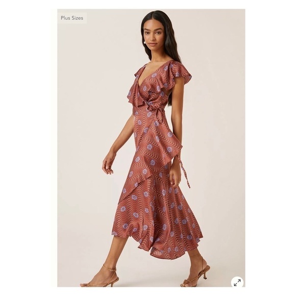 NWT BY ANTHROPOLOGIE Ruffle Sleeve Printed Wrap Maxi Dress Mauve XS - Picture 4 of 9